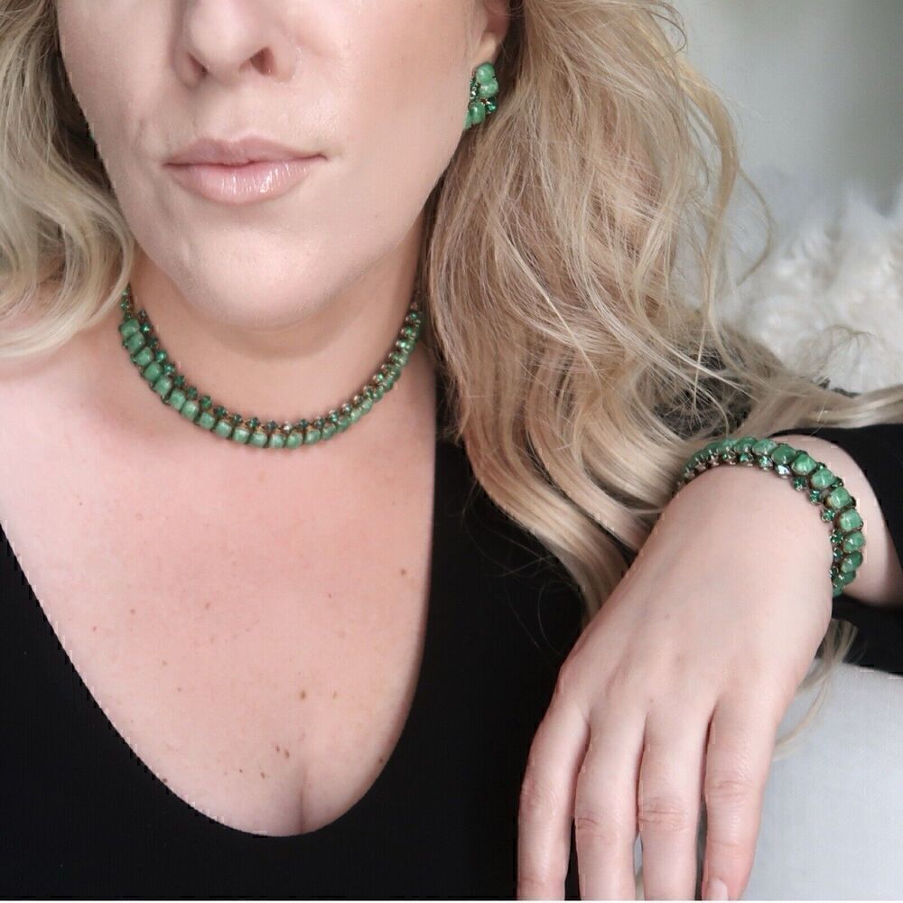 Vintage Coro Jewelry 3 PC Set Green Crackle Glass Clip Earrings Choker Bracelet